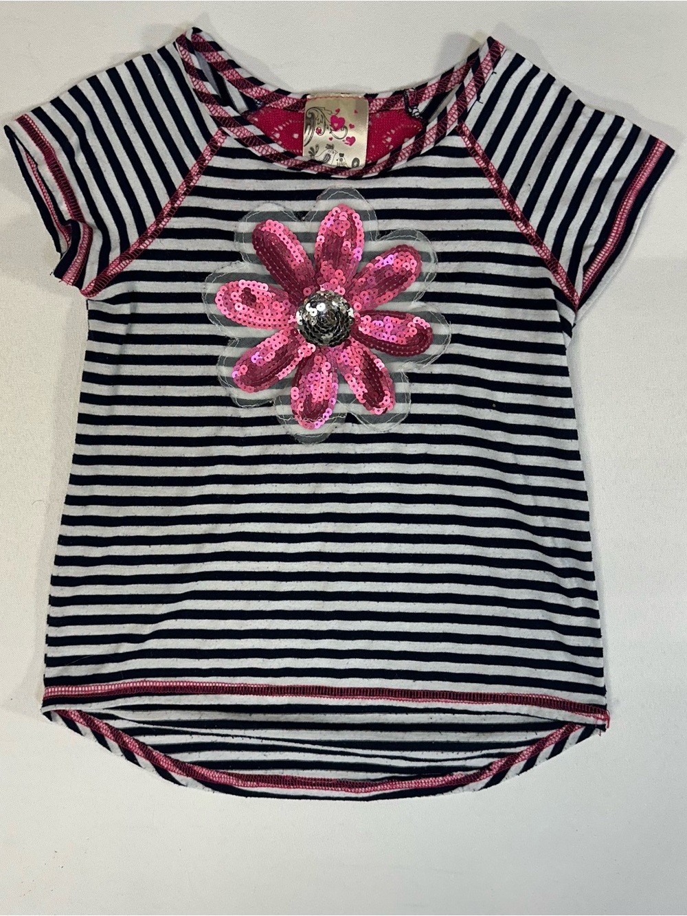 Jenna & Jessie Girls Size 6 Striped Sequin Flower Top Pink Navy